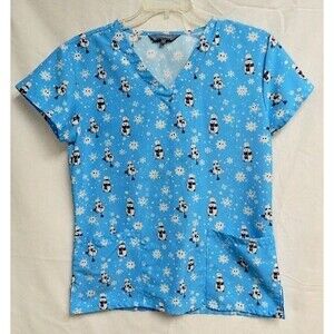 Serene Uniforms Scrub Top Women's Size Small Blue Snowmen & Snowflakes V Neck